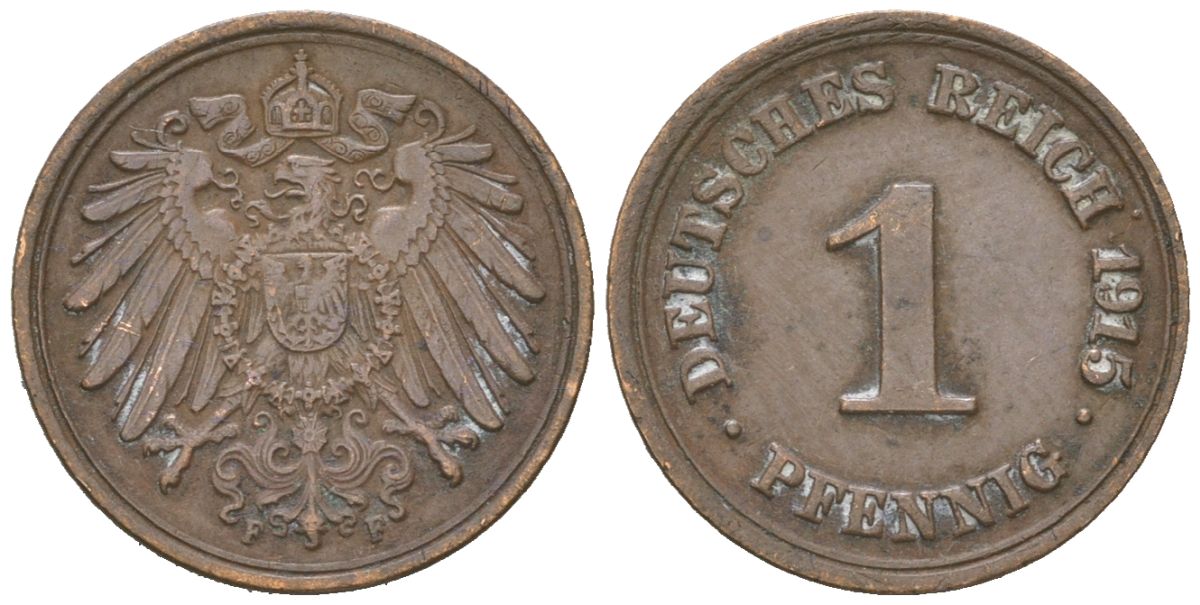 Германия 1 пфенниг 1915 F, Вильгельм II (1888-1918) KM 10, J. 10 медь 4615-719