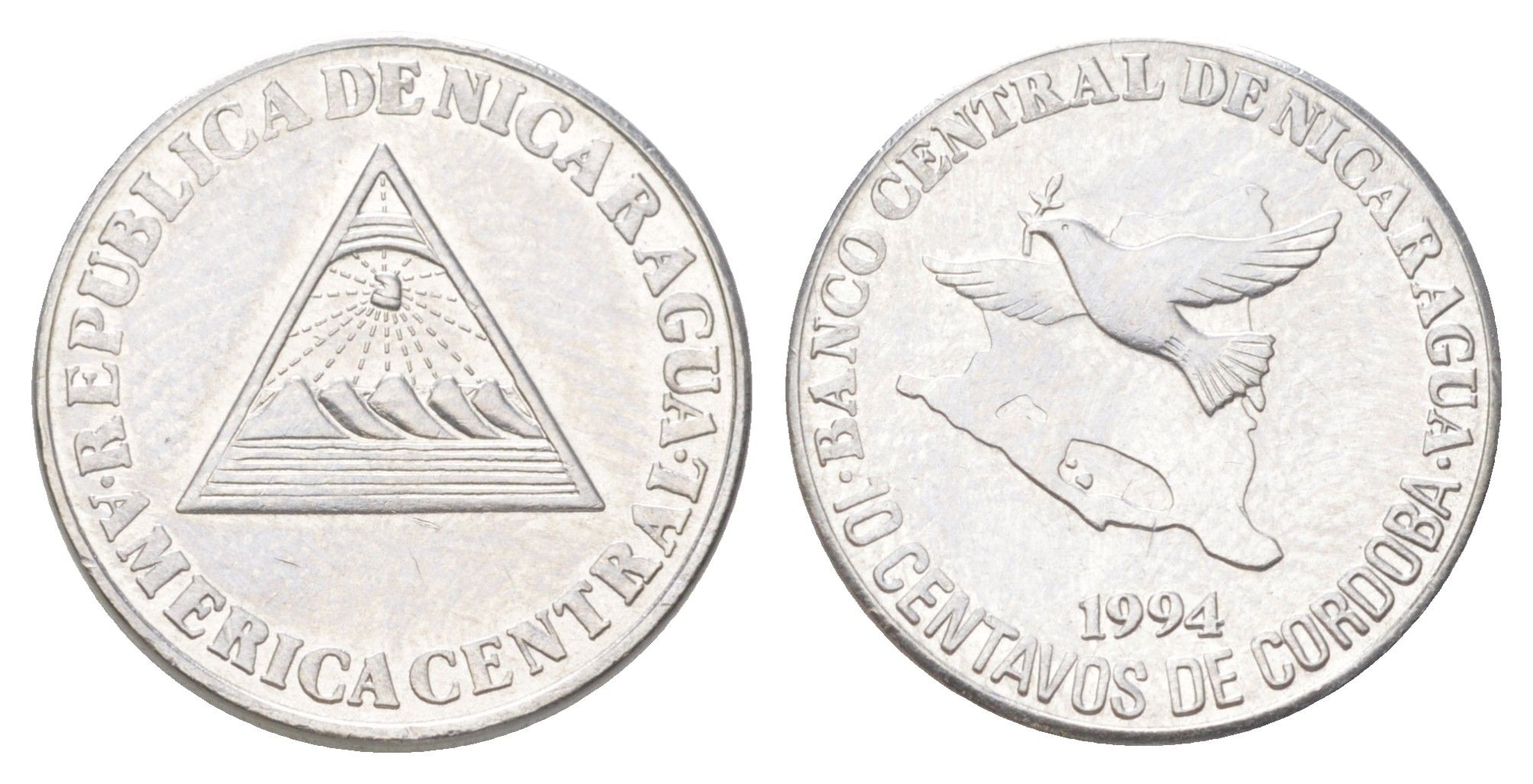 Никарагуа 10 сентаво 1994 голубь мира, редкий KM 81 хромированная сталь UNC 4625-219