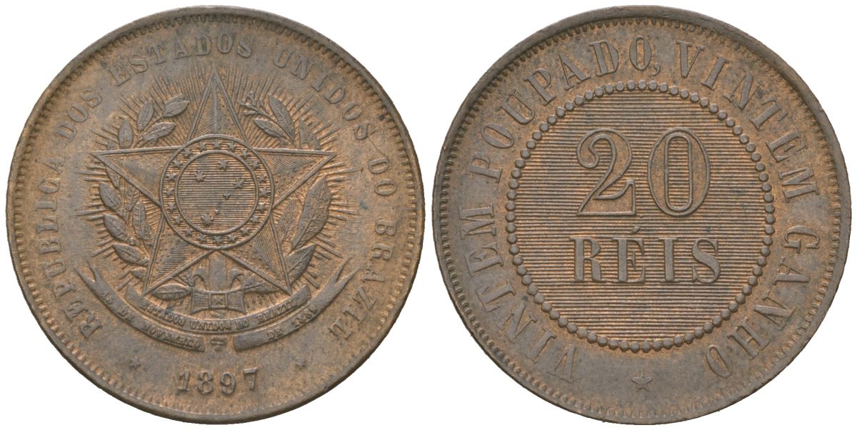 Бразилия 20 реалов 1897 редкий год KM 490 бронза aUNC 4044-234