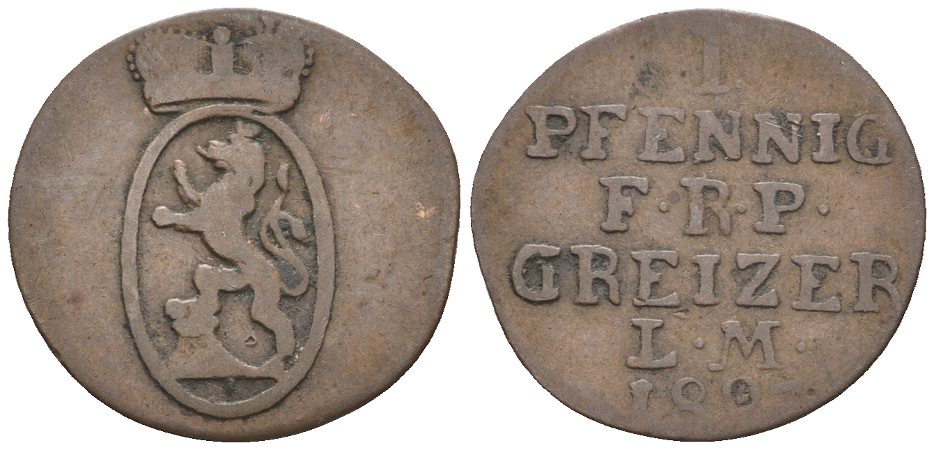 Рейсс-Оберграйц 1 пфенниг 1827 LM KM 102, AKS 11, Jaeger 33 a медь 54-1066