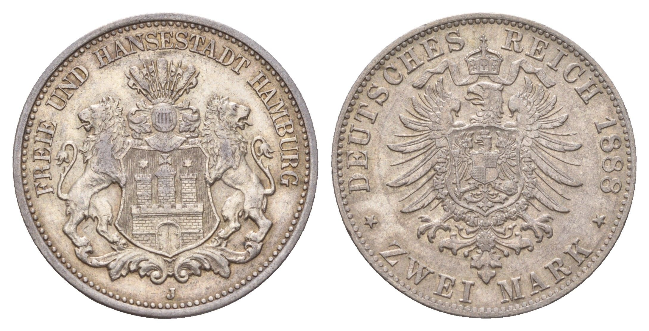 Гамбург 2 марки 1888 J KM 604 серебро 00-814-26