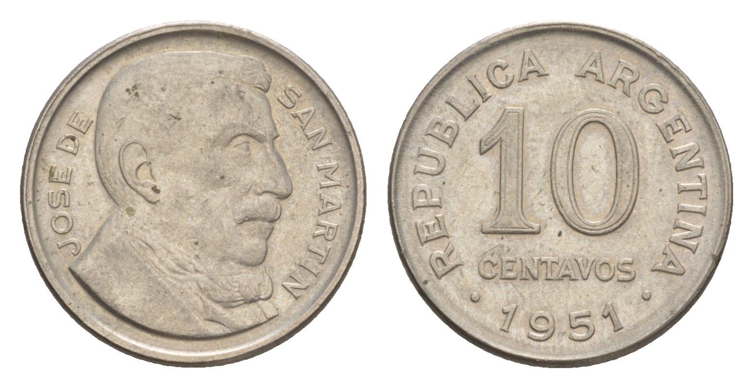 Аргентина 10 сентаво 1951 KM 47 медно-никель 4636-315