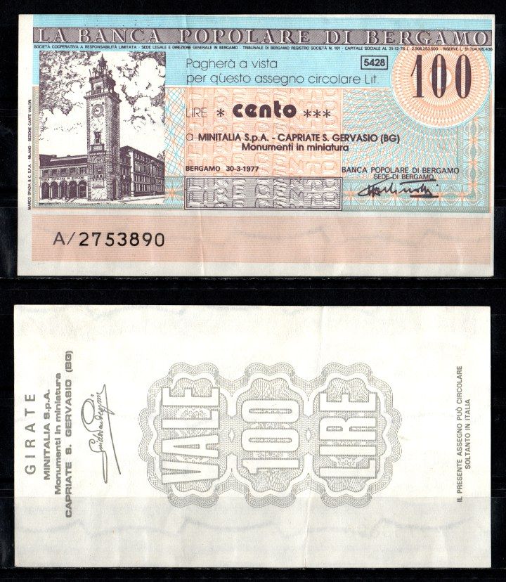 Италия чек 100 лир ND (1976-1977) бумага 2198-12-1-1