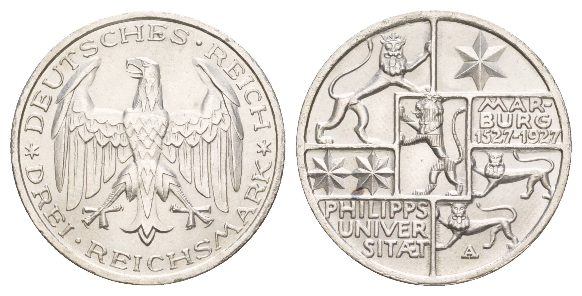 Германия 3 рейхсмарки 1927 400 лет Марбургскому университету имени Филиппа KM 53 серебро UNC 00-902-17
