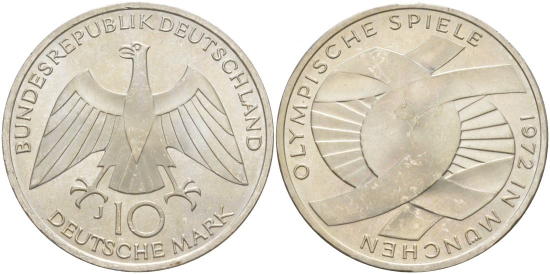 ФРГ 10 марок 1972 J, XX летние Олимпийские игры 1972 года в Мюнхене, символика KM 131, J.402 серебро UNC 69-923