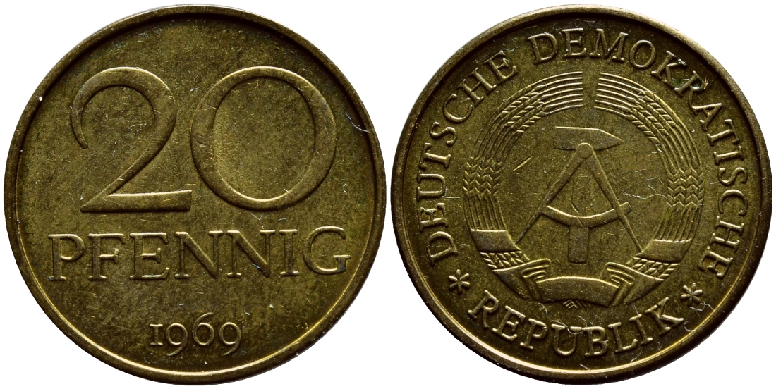 ГДР 20 пфеннигов 1969 А, первый год KM 11 латунь UNC 4398-113
