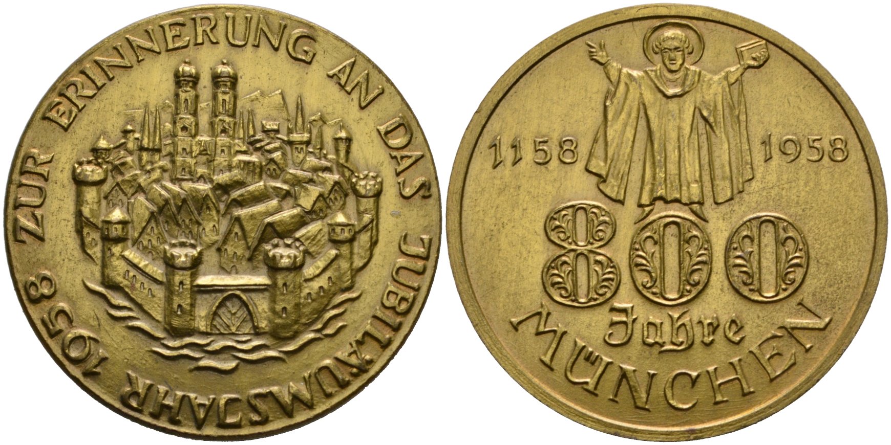 Бавария медаль 1958 800 лет Мюнхену (1158-1958), диаметр 38,8 мм., без ушка жёлтый металл 1095-7-54