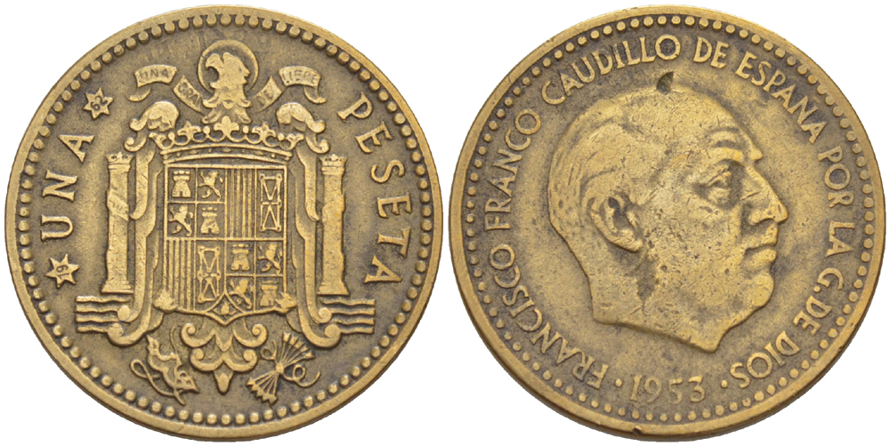 ИСПАНИЯ 1 ПЕСЕТА 1953 (62) ФРАНСИСКО ФРАНКО ДИКТАТОР ИСПАНИИ ( 1939- 1975) KM 775 алюминиевая бронза 216-553