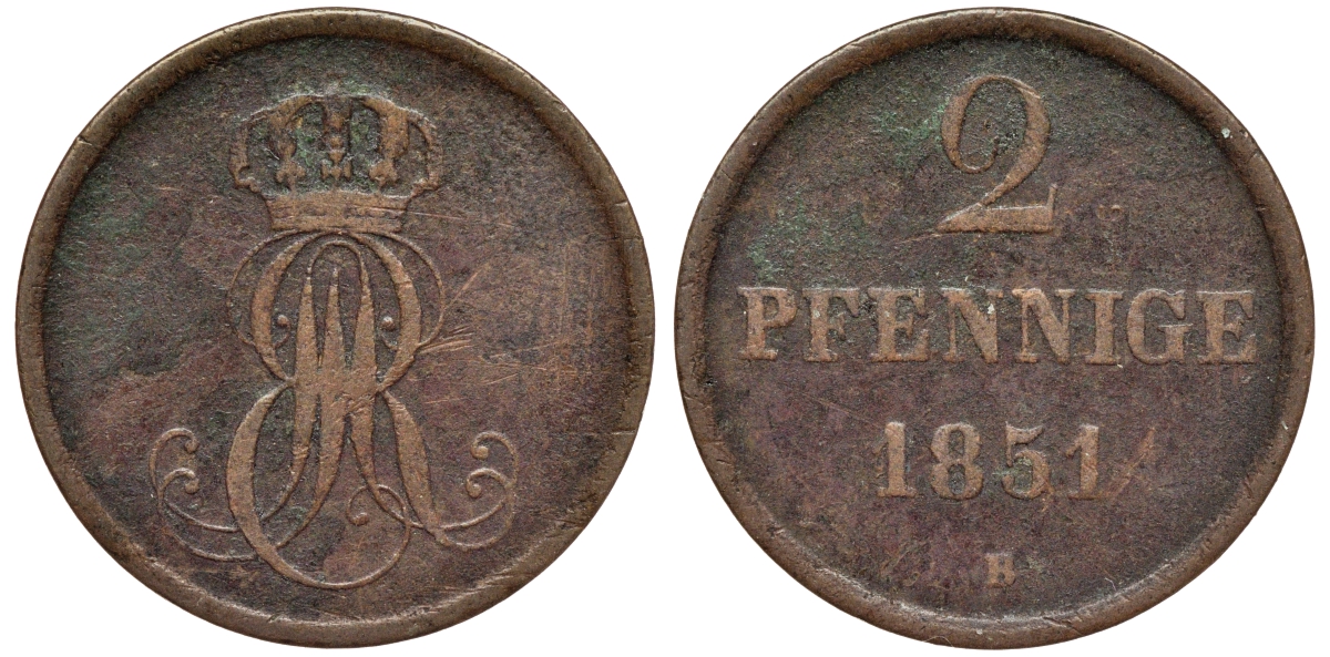 Ганновер 2 пфеннига 1851 B, Эрнст Август (1837-1851) KM 202.1, AKS 124, J. 75 медь 75-1947