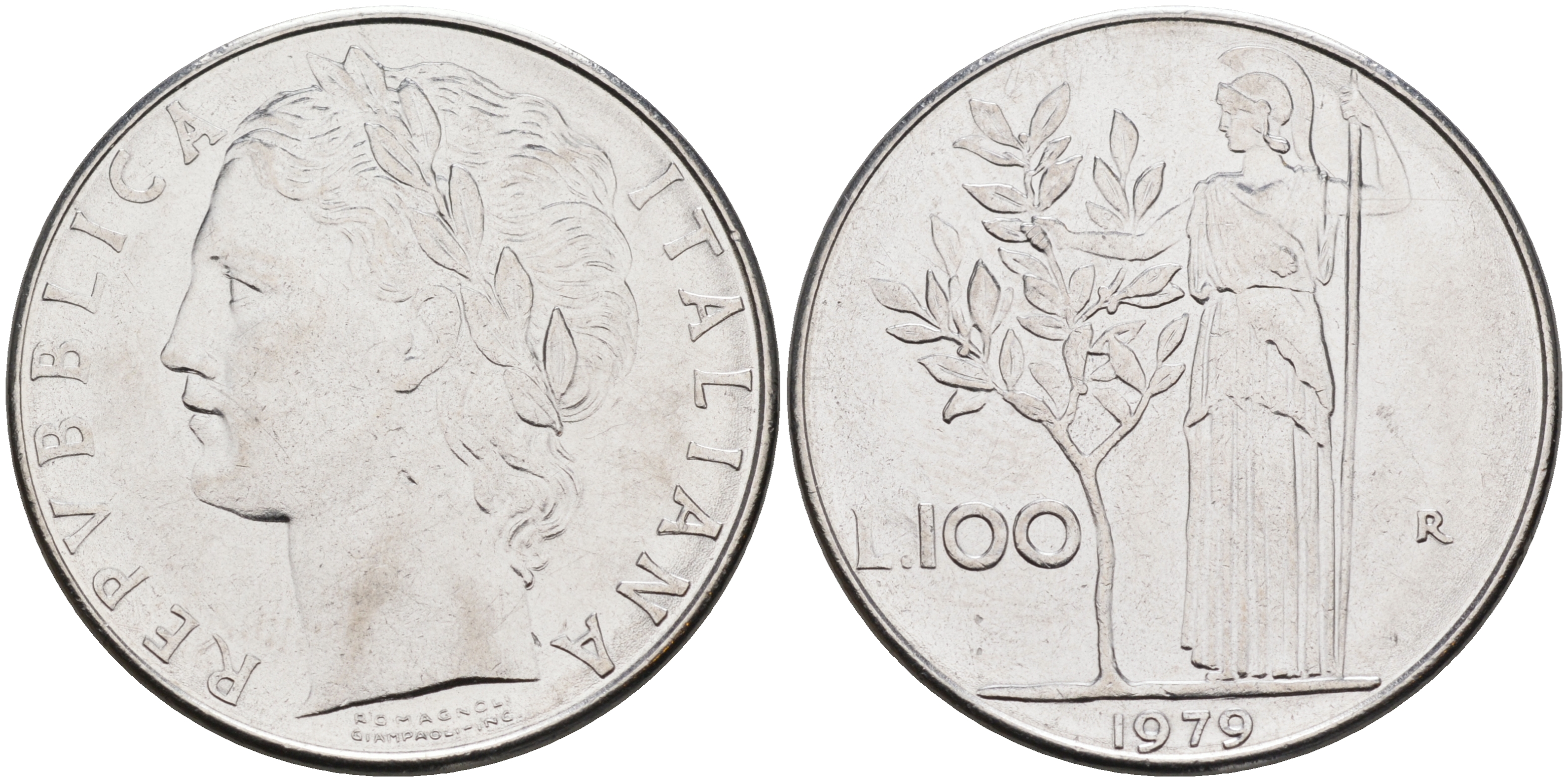 Италия 100 лир 1979 R, Афина KM 96.1 нержавеющая сталь 4117-341