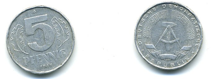 ГДР 5 ПФЕННИГОВ 1968 А KM 9.1 алюминий 59-1343