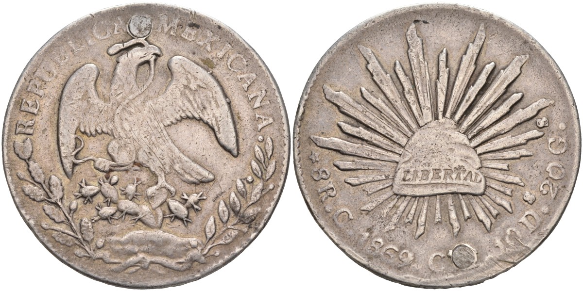 Мексика 8 реалов 1869 Mo-СH, реставрация отверстия на "6" часов KM 377.10 серебро 4578-215