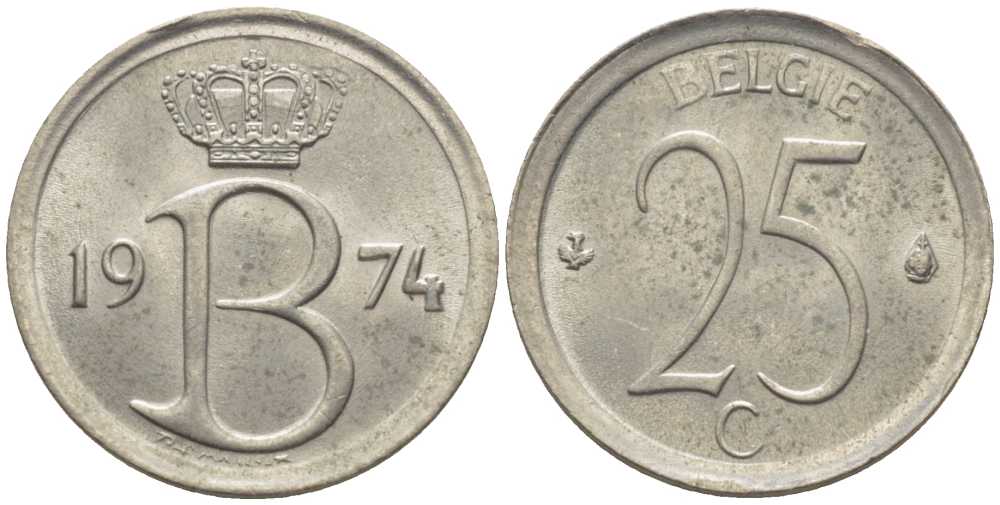 БЕЛЬГИЯ 25 САНТИМОВ 1974 BELGIE, БОДУЭН I (1951-1993) KM 154.1 медно-никель 116-958