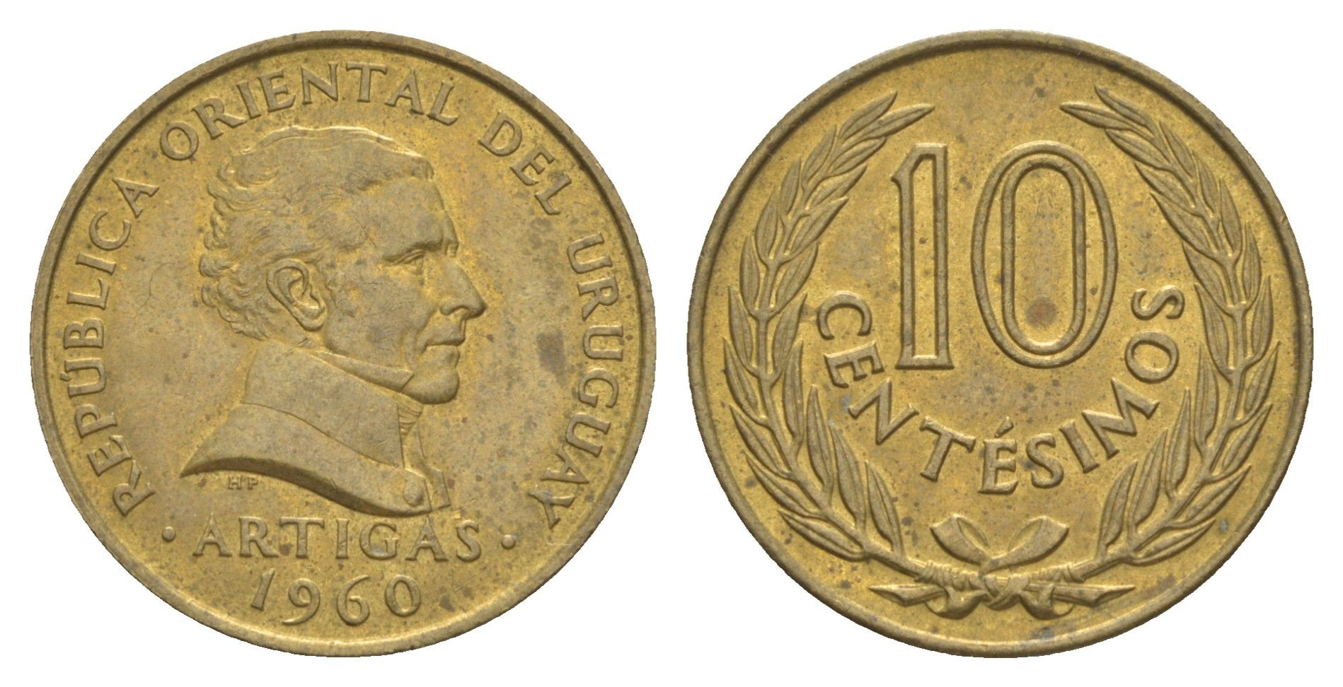 Уругвай 10 сентесимо 1960 KM 39 никель латунь UNC 4620-244