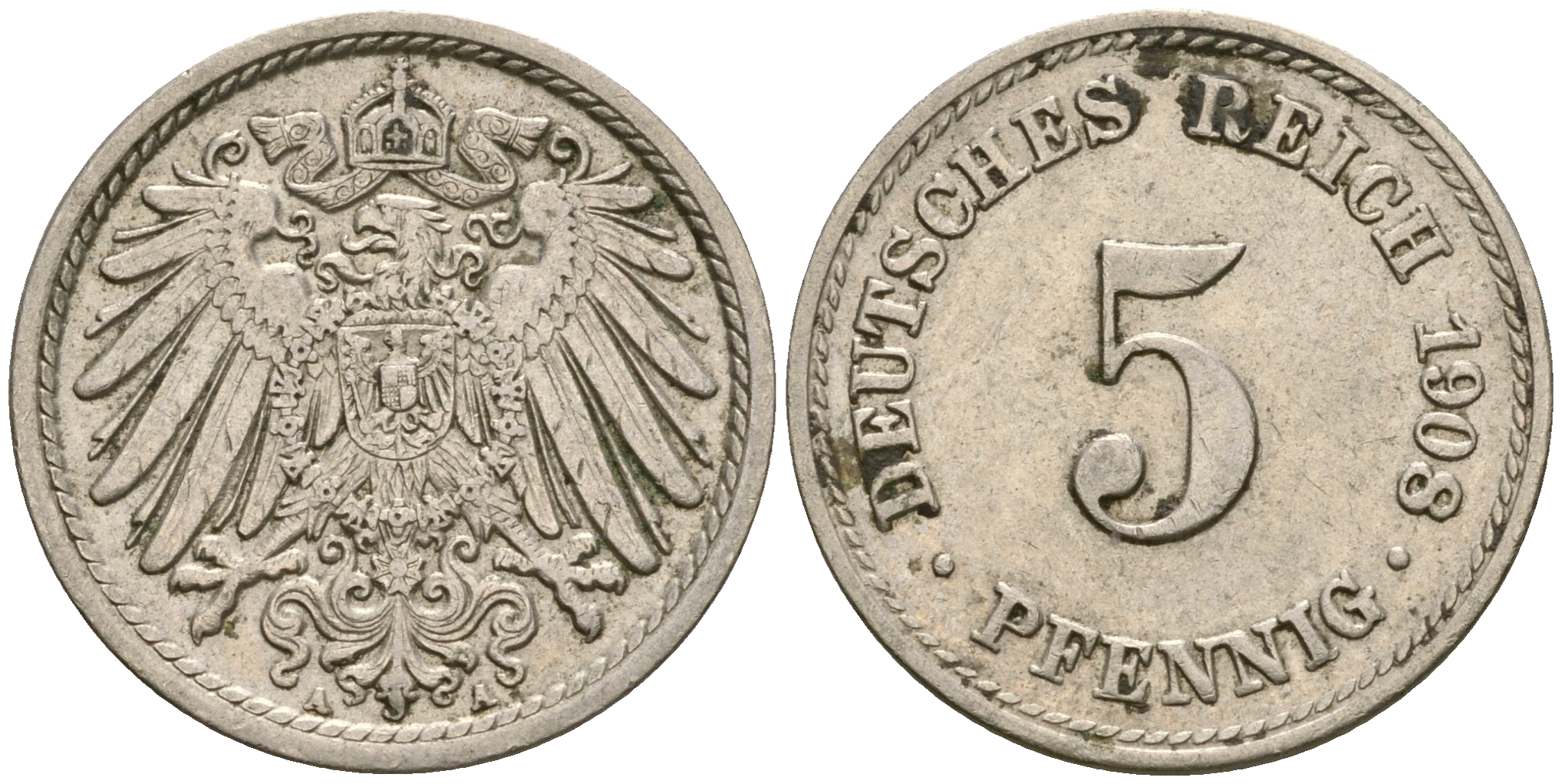 Германия 5 пфеннигов 1908 A KM 11, Jager 12, Weege 6 медно-никель 4364-4527