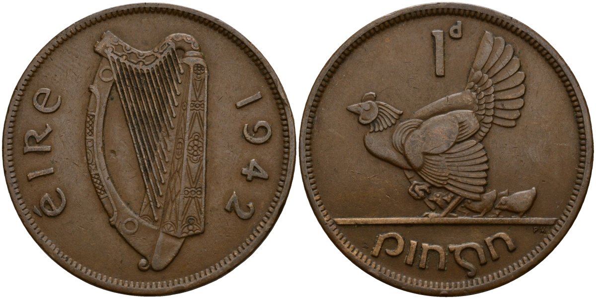 Ирландия 1 пенни 1942 курица с цыплятами KM 11 бронза 4157-1112