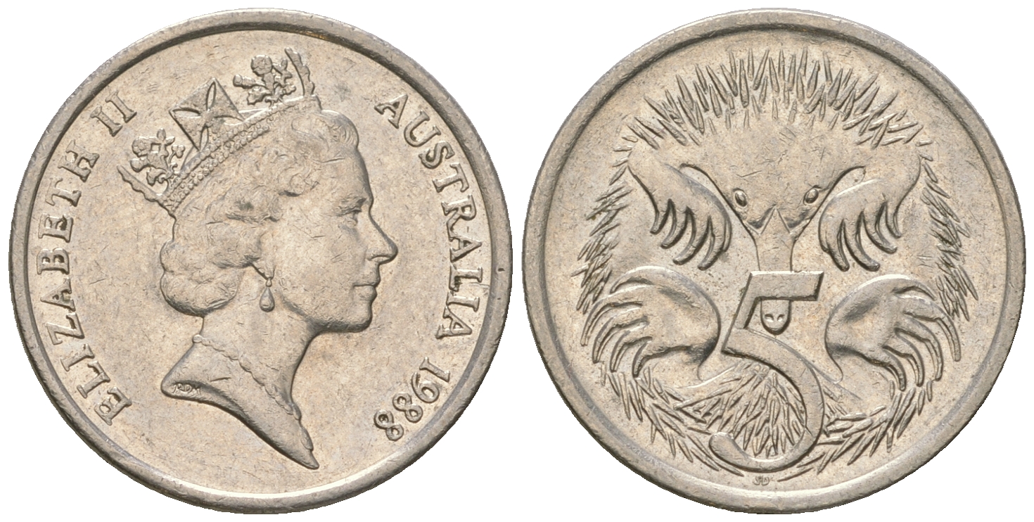 Австралия 5 центов 1988 Елизавета II (1952-2022), ехидна KM 80 медно-никель 3458-1259