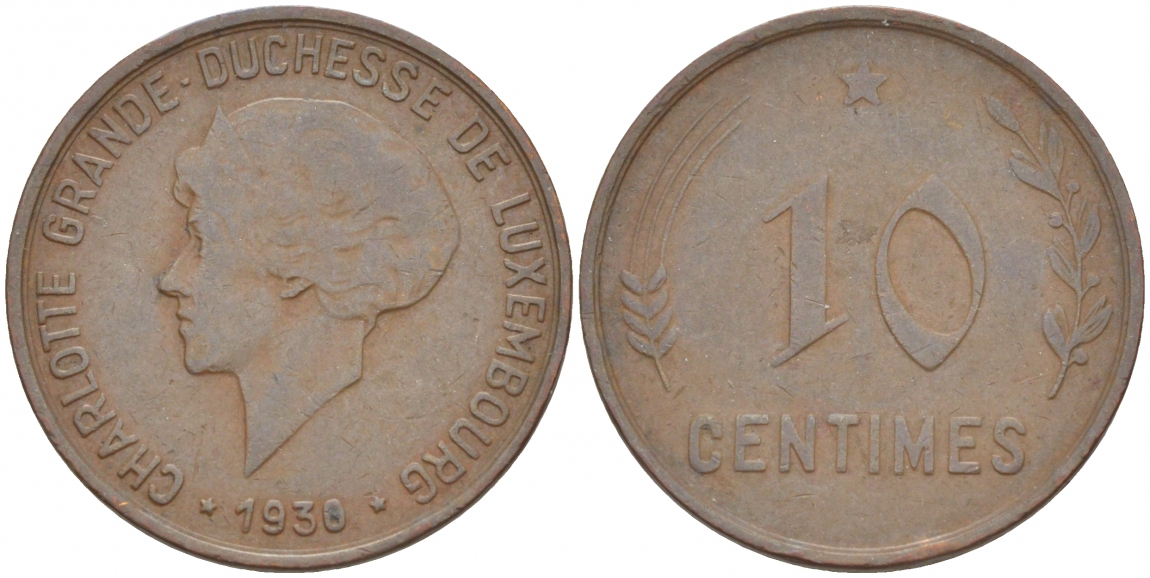 Люксембург 10 сантимов 1930 Шарлотта (1918-1964) KM 41 бронза 4548-1035