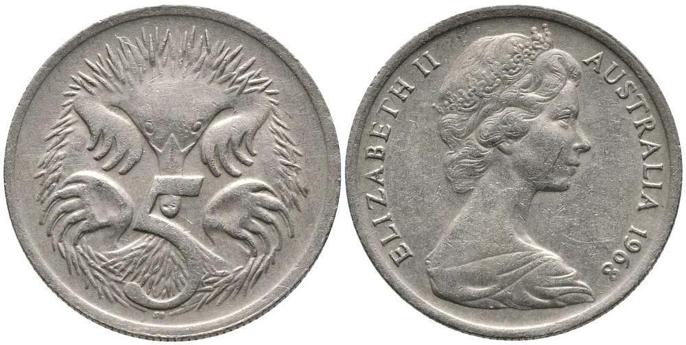 АВСТРАЛИЯ 5 ЦЕНТОВ 1968 ЕХИДНА, ЕЛИЗАЕТА II (1952-) KM 64 медно-никель 4549-669