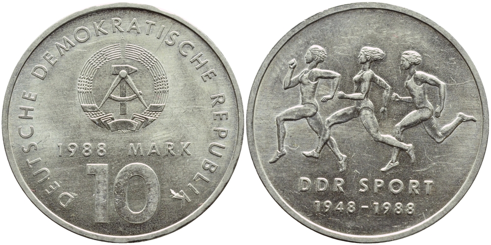ГДР 10 марок 1988 A, 40 лет союзу физкультуры и спорта ГДР KM 125, J. 1623 медно-никель UNC 4394-323