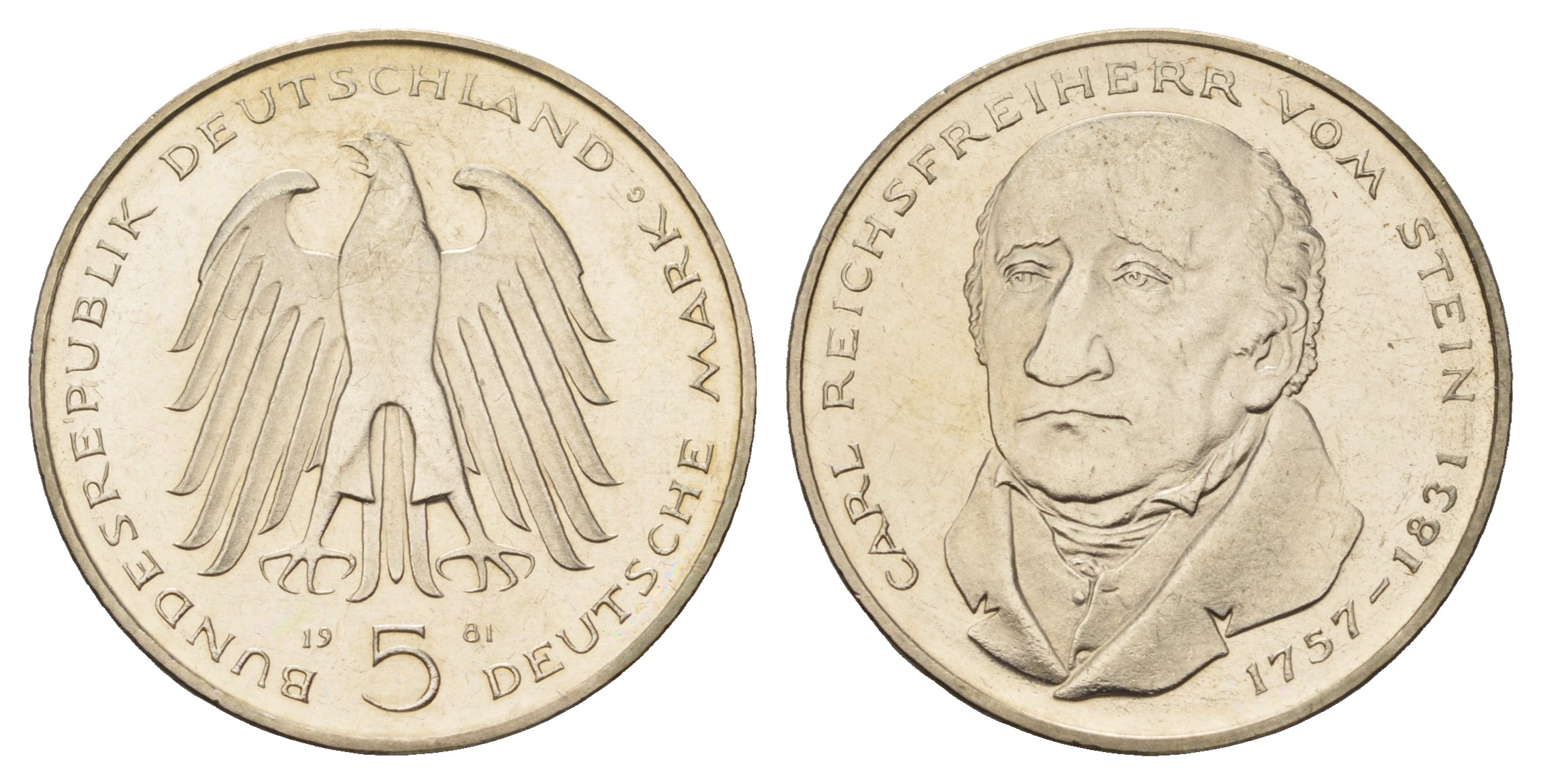 ФРГ 5 марок 1981 G, 150 лет со дня смерти Карла фон Штейна KM 155, J. 430 медно-никель плакированный никелем UNC 4680-215