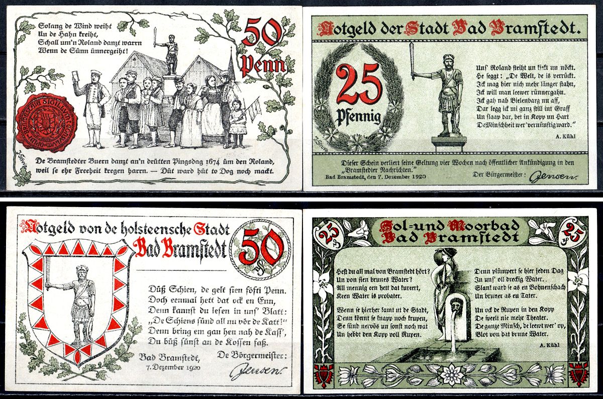 Бад-Брамштедт (Пруссия, Шлезвиг-Гольштейн) полный набор из 2 нотгельдов (25 и 50 пфеннигов) 1920 Mehl Grabowski 150.1-1 бумага UNC (пресс) 7556-51-4-2