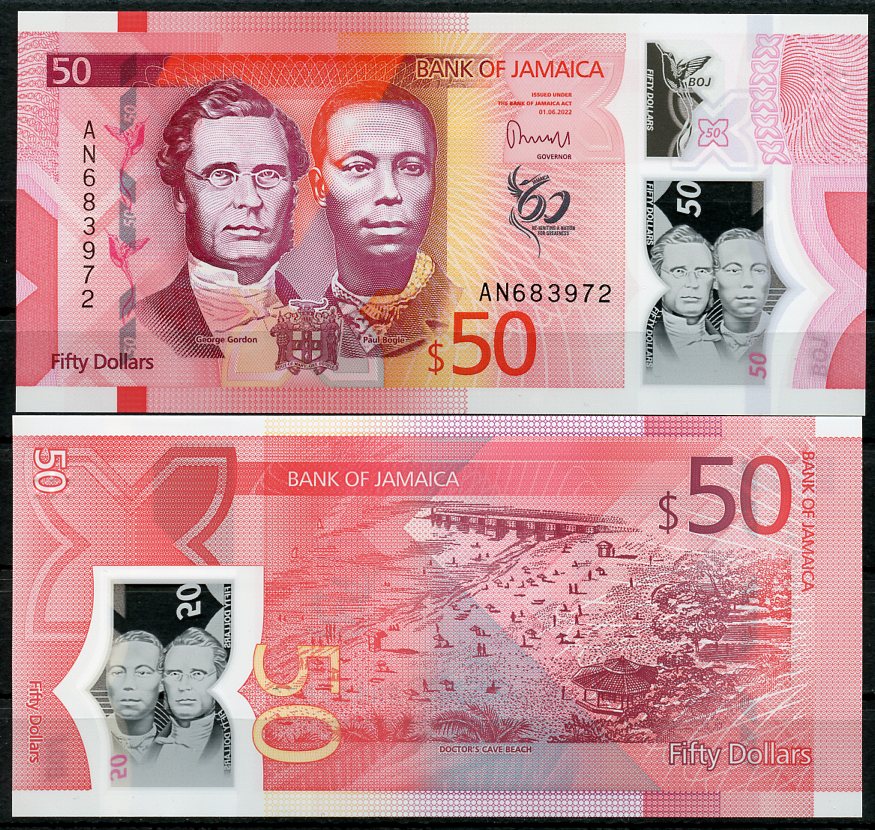 Ямайка 50 долларов 2022 60-я годовщина независимости, Джордж Вильям Гордон, Пол Богл, пляж Pick 96  пластик  UNC (пресс) 447-129-1