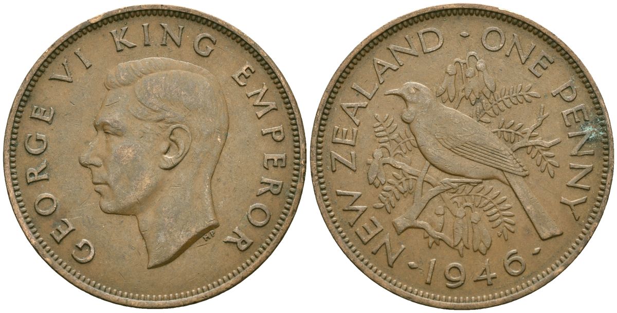 Новая Зеландия 1 пенни 1946 Георг VI (1936-1952), новозеландский туи KM 13 бронза 32-843