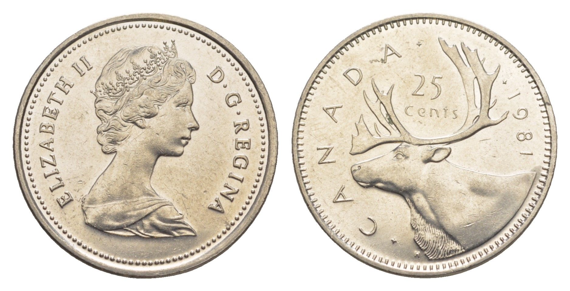 Канада 25 центов 1981 Елизавета II (1952-2022), олень KM 74 никель aUNC 4637-827