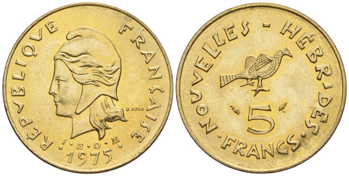 Французские Новые Гебриды 5 франков 1975  KM 6.2 никель-латунь  UNC  4610-535