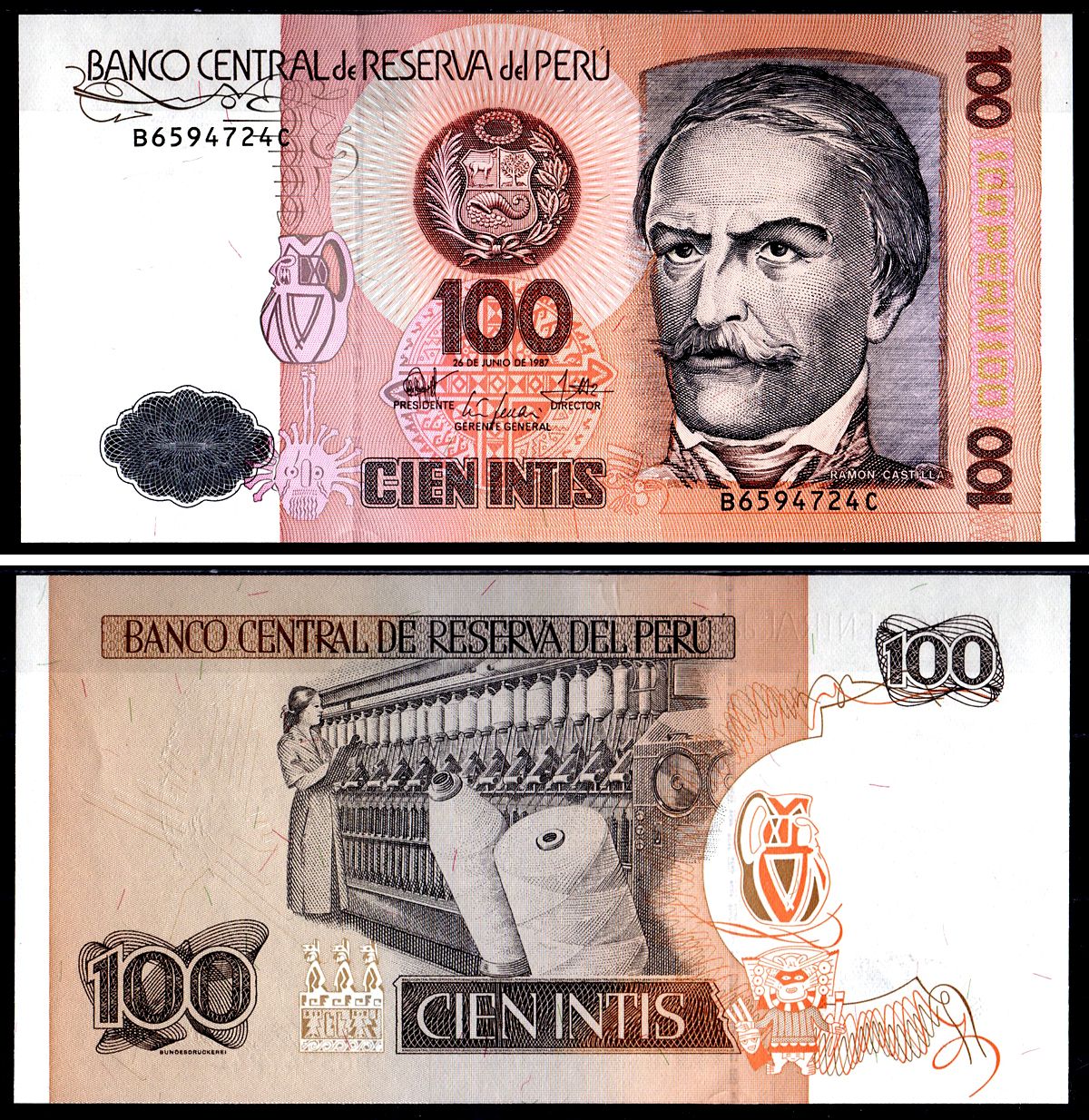 Перу 100 Интис 1987 Рамон Кастилья, прядильная машина Pick 133 бумага UNC 7551-31-2-1