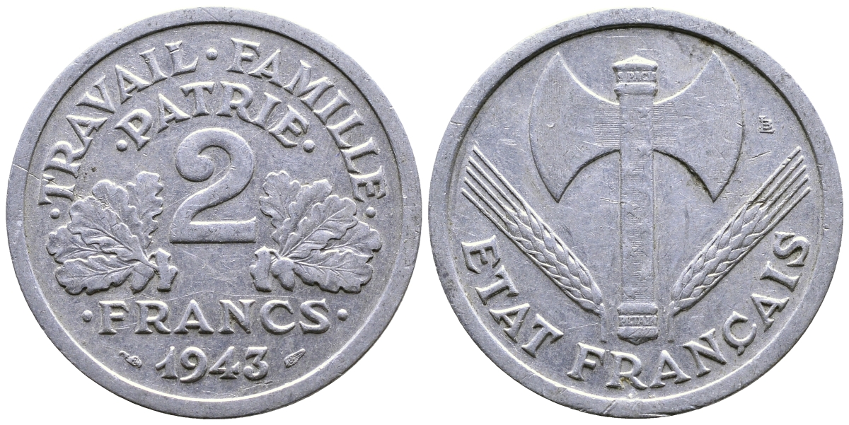 Франция 2 франка 1943 правительство Виши KM 904.1 алюминий 08-1242