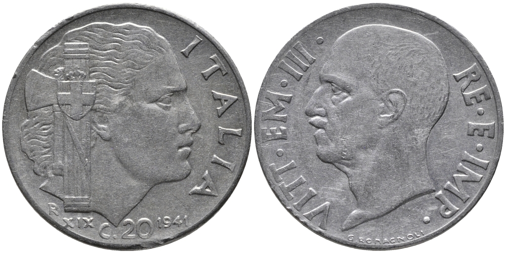 ИТАЛИЯ 20 ЧЕНТЕЗИМО 1941 R, ВИКТОР ИМАНУИЛ, XXII ГОД, МАГНИТНАЯ KM 75b нержавеющая сталь 86-1123