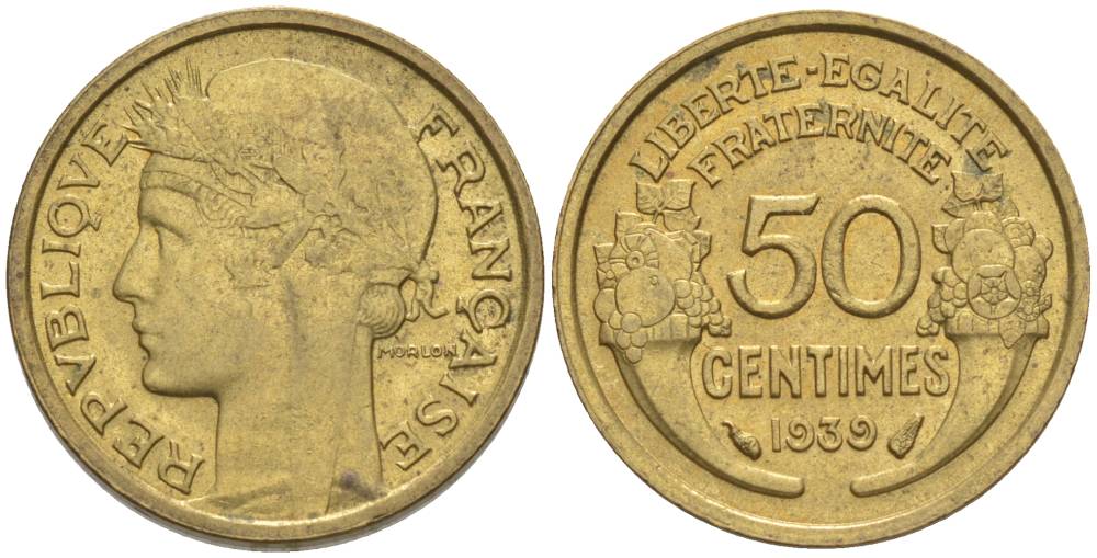 ФРАНЦИЯ 50 САНТИМОВ 1939 ТИП MORLON KM 894.1, LE FRANC 192.15 алюминиевая бронза 44-818