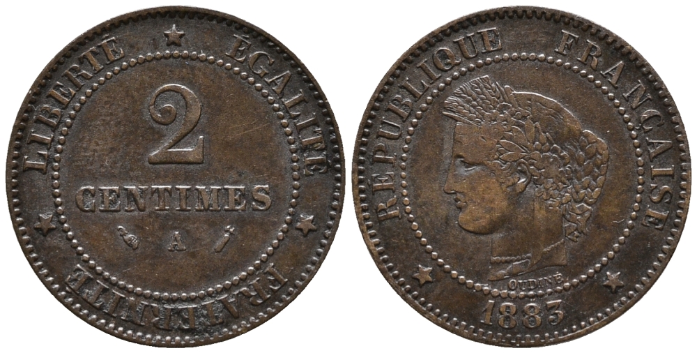 ФРАНЦИЯ 2 САНТИМА 1883 А KM 827.1 бронза 66-135