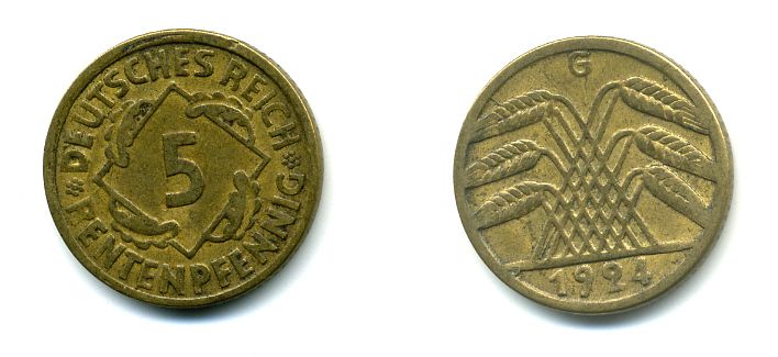 ГЕРМАНИЯ 5 РЕНТПФЕННИГОВ 1924 G J. 308, KM 32 алюминиевая бронза 46-2056