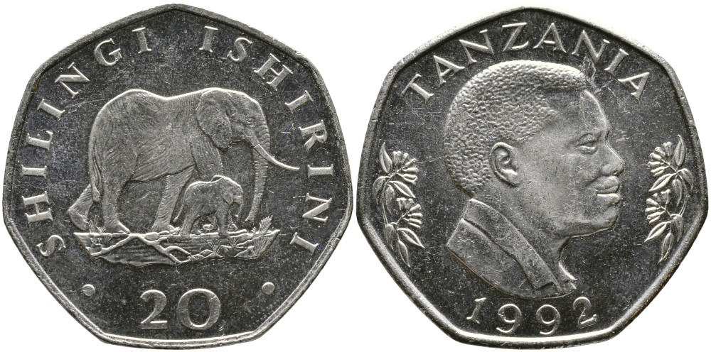ТАНЗАНИЯ 20 ШИЛЛИНГОВ 1992 ПРЕЗИДЕНТ АЛИ ХАСАН МВИНЬЯ, СЛОНЫ KM 27.2 никелированная сталь 4527-1122