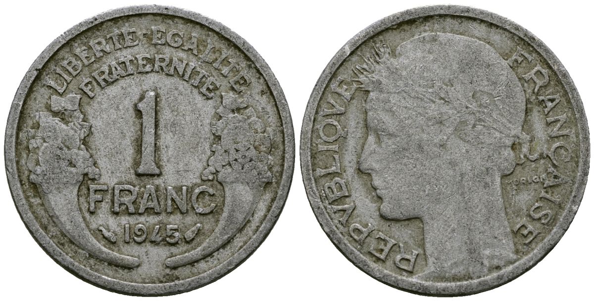 Франция 1 франк 1945 Без отметки монетного двора KM 885a алюминий 4577-627