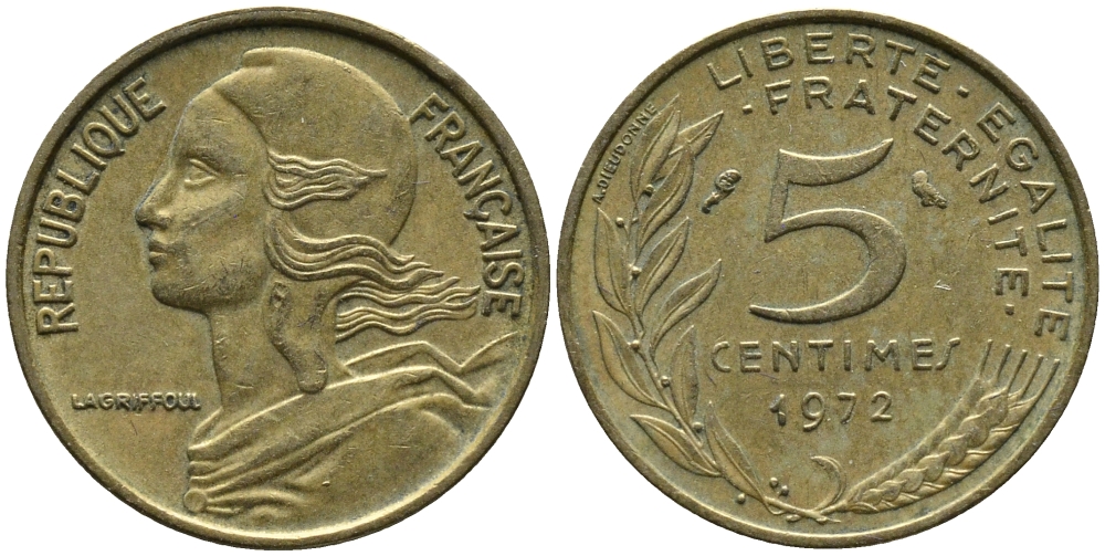 ФРАНЦИЯ 5 САНТИМОВ 1972 ТИП MARIANNE KM 933 медь алюминий никель 261-519