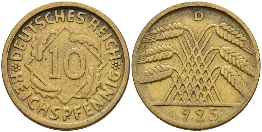ГЕРМАНИЯ 10 РЕЙХСПФЕННИГОВ 1924 D KM 40, J. 317 алюминиевая бронза 4401-417