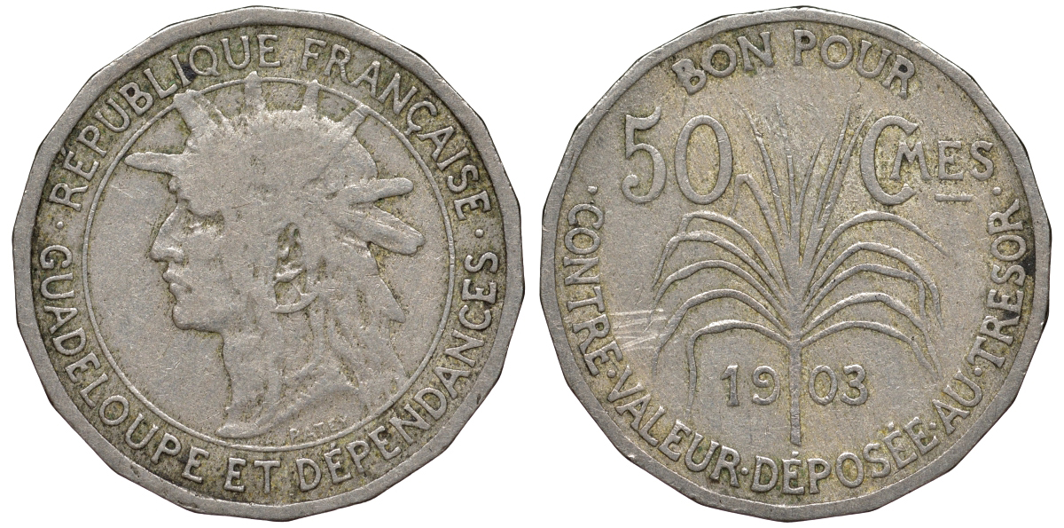 Гваделупа 50 сантимов 1903 KM 45 медно-никель 413-3645