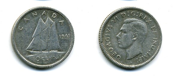 КАНАДА 10 ЦЕНТОВ 1941 ГЕОРГ VI серебро 46-1227