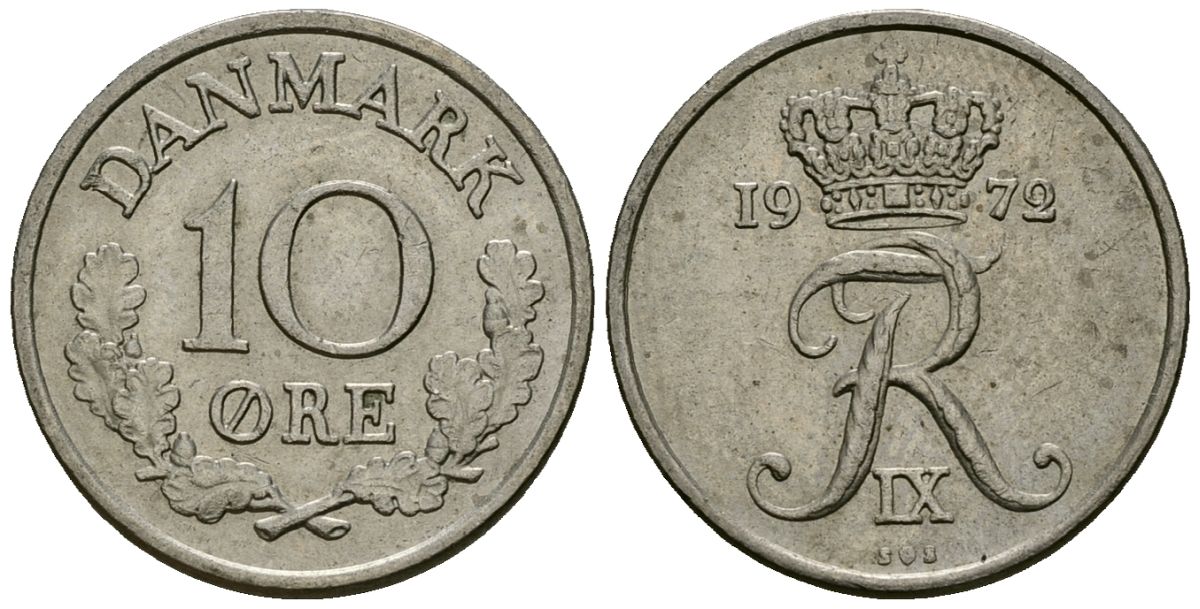 Дания 10 эре 1972 C; S, Фредерик IX (1947-1972) KM 849 медно-никель 4136-863