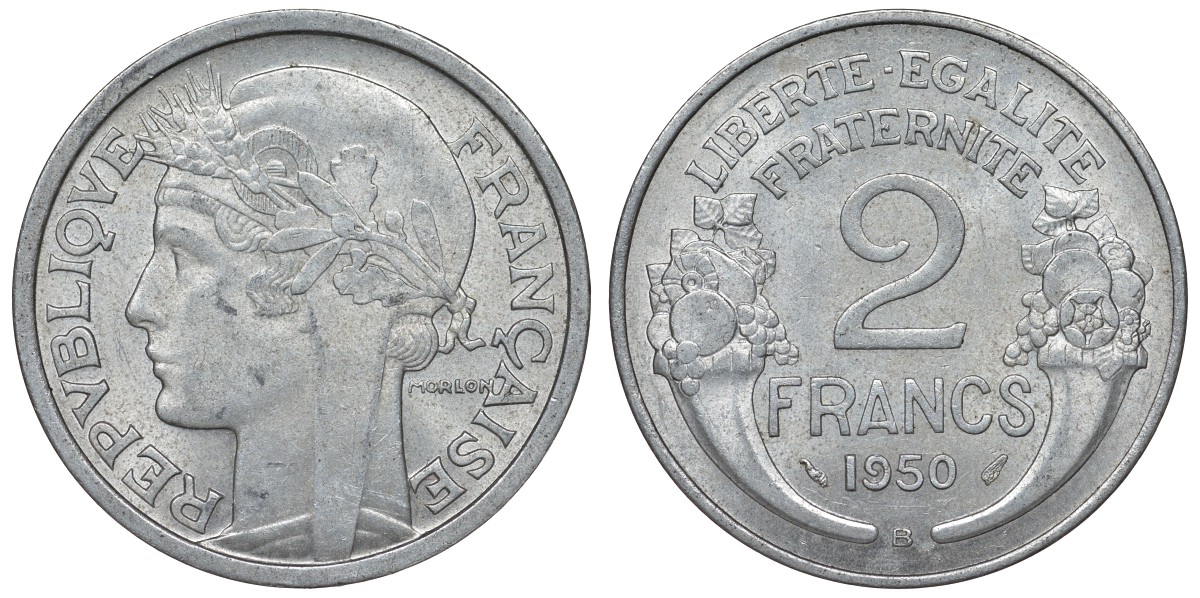 Франция 2 франка 1950 В KM 886а.2, Le Franc 269.17 алюминий 4123-412