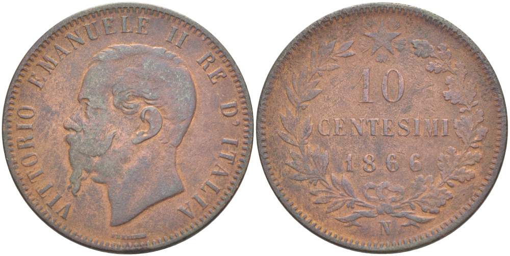 ИТАЛИЯ 10 ЧЕНТЕЗИМО 1866 N, МОНДВОР НЕАПОЛЬ, ВИКТОР ЭММАНУИЛ II (1861-1878) KM 11.4 медь 4526-824