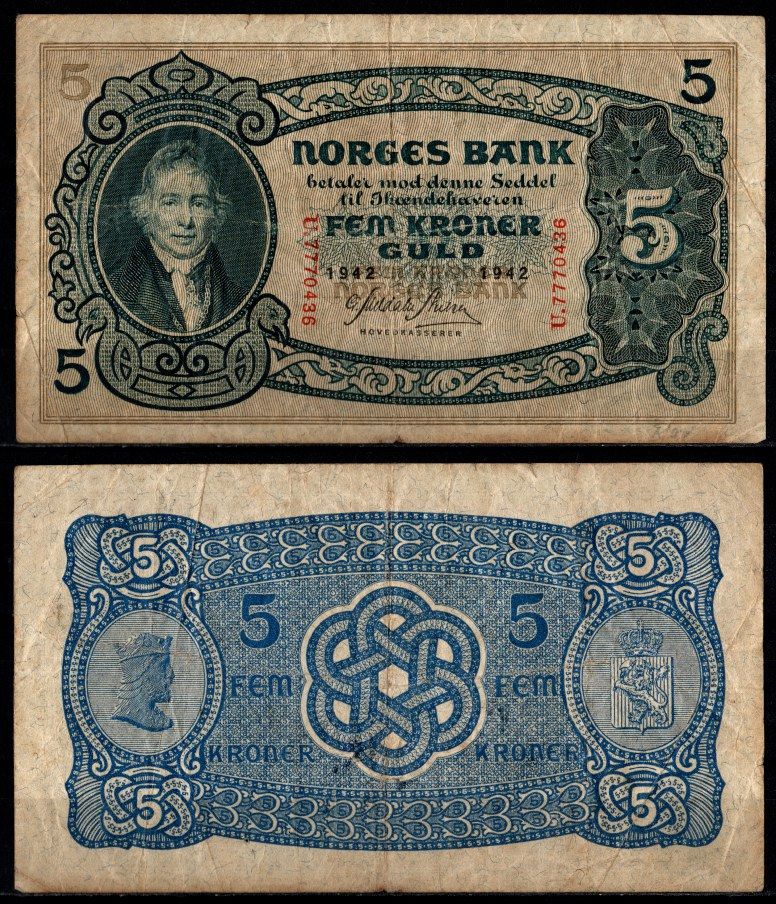 Норвегия 5 крон 1942 Вильгельм Фриман Корен Кристи (1-й председатель норвежского парламента) Pick 7 c бумага 451-1226-2