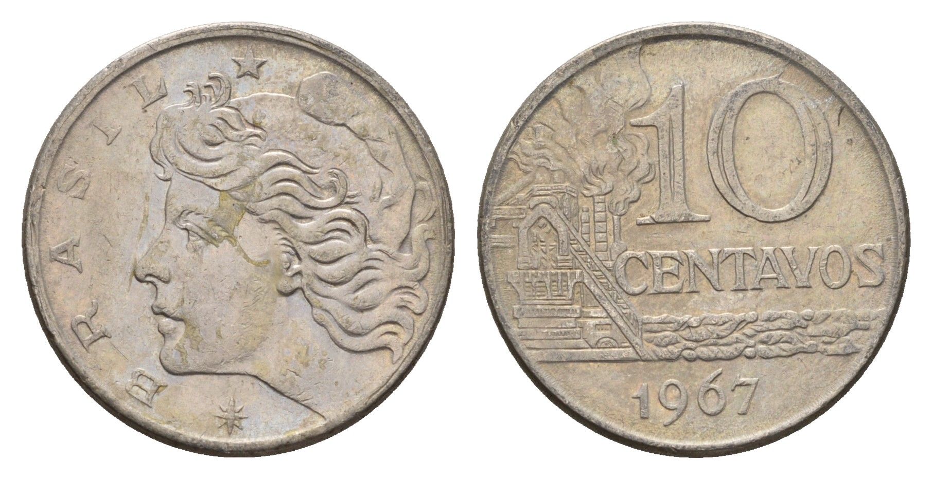 Бразилия 10 сентаво 1967 год-тип KM 578.1 медно-никель 4686-643