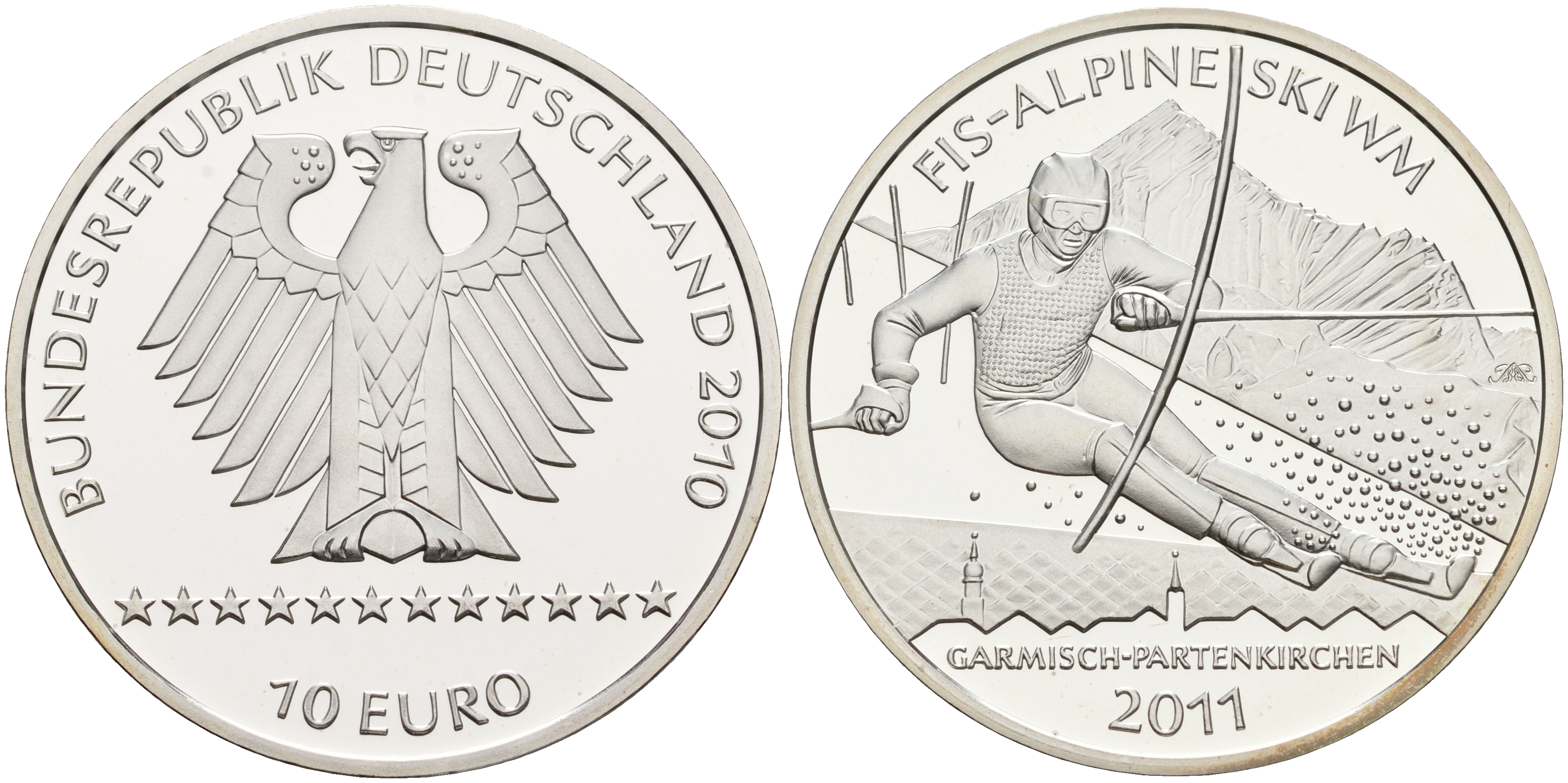 ФРГ 10 евро 2010 А, Чемпионат мира по горнолыжному спорту 2011 года в Гармиш-Партенкирхене KM 298, DE.S. 10.50 серебро PROOF 1076-4-25