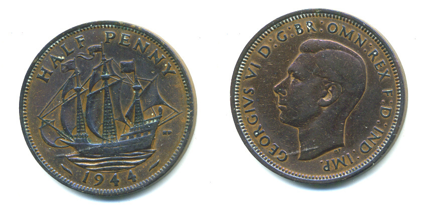 Великобритания 1/2 пенни 1944 Георг VI (1936-1952) KM 844, Spink 4115 бронза 59-721