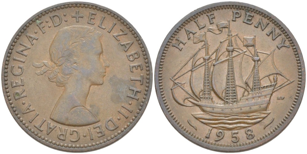 Великобритания 1/2 пенни 1958 Елизавета II (1952-2022) KM 896, Spink 4158 бронза 4544-112